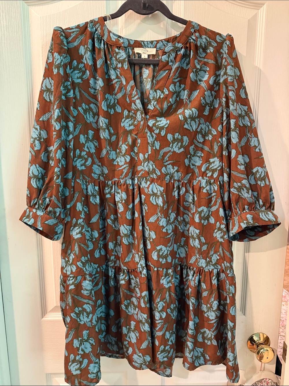 entro Brown Dress with Blue Floral Print - Long Sleeve Tiered